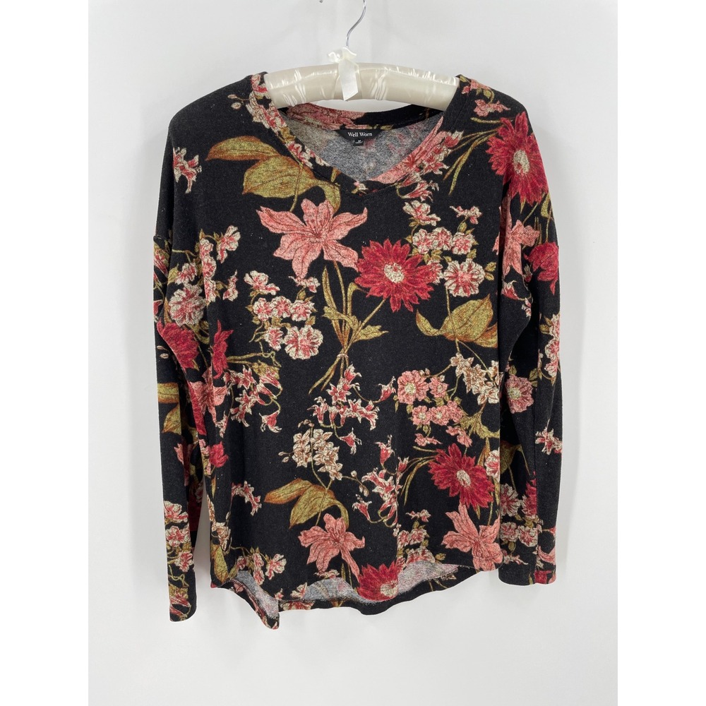 Well Worn Womens Floral Long Sleeve V-Neck Knit Top Black Red Pink Medium